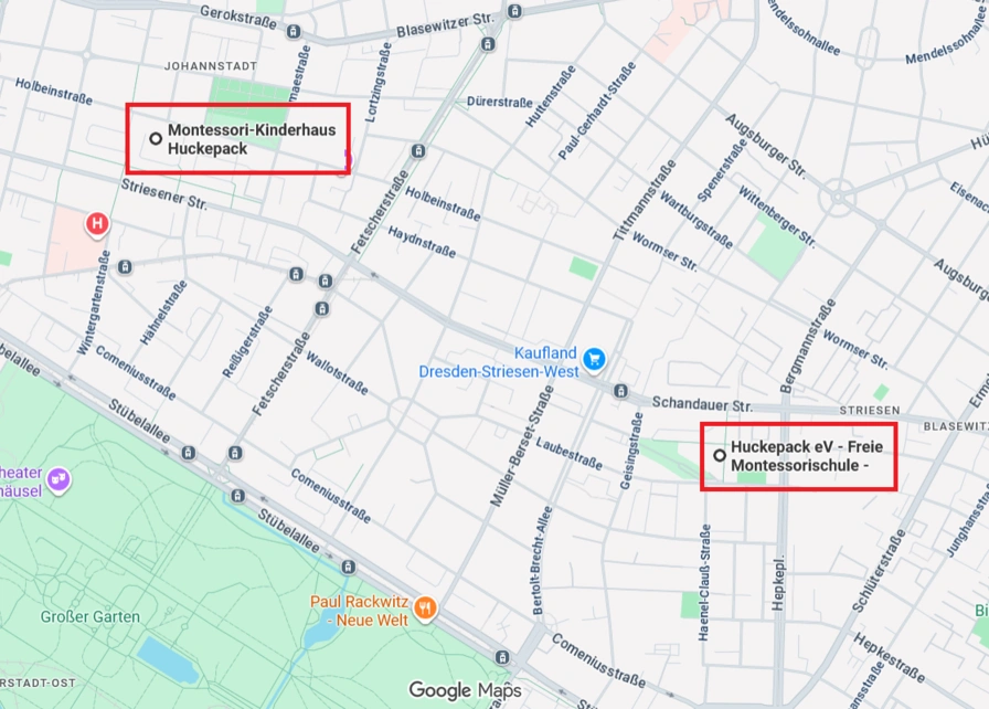 Stadtkarte mit den eingezeichneten Standorten des Huckepack e.V.